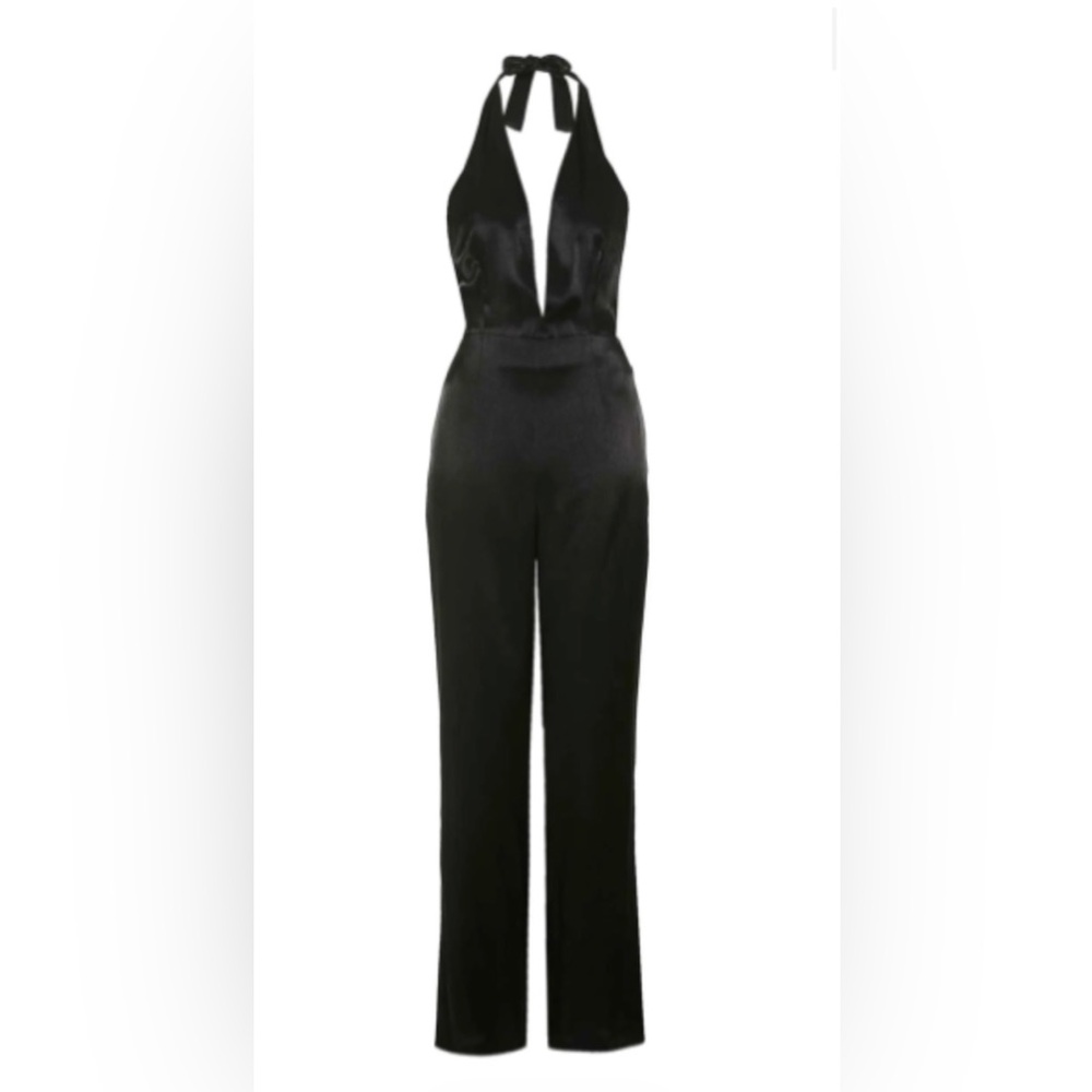TOPSHOP Black Satin Halter Jumpsuit - size 6